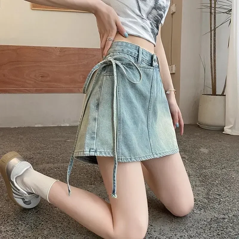 Fake Two Pieces Jeans Female 2025 Spring Summer New High Waist Irregular Lacing All-match Shorts Women Clothes Vintage Straight