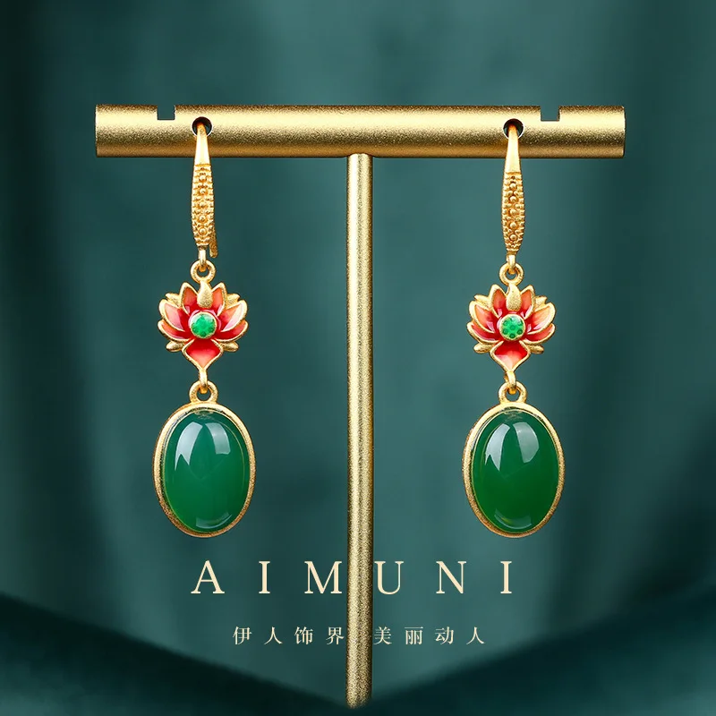 Palace Style Enamel Painted Good Luck Lotus Earrings Inlaid Green Chalcedony Light Luxury Antique Earrings for Women Vintage