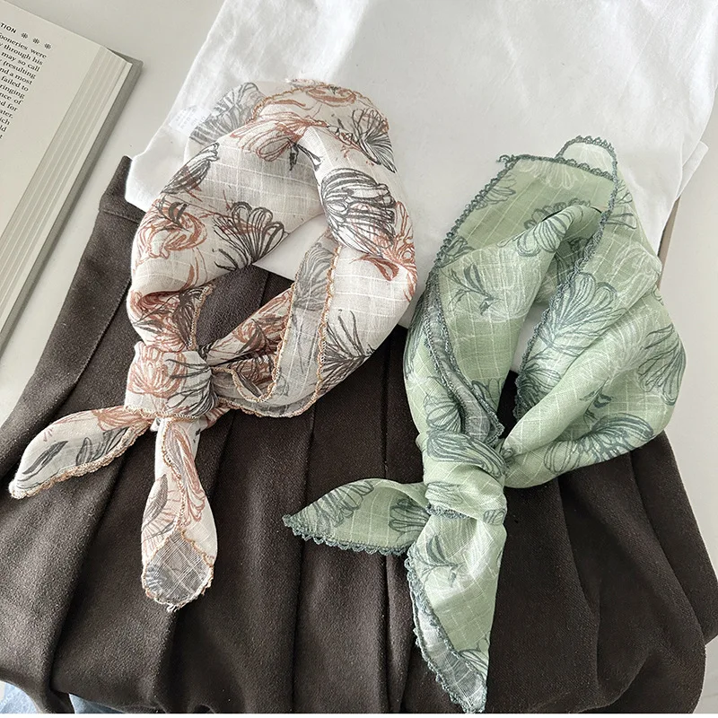 

Retro cotton-linen printed small square scarf for women, spring and summer fashion bohemian headscarf,