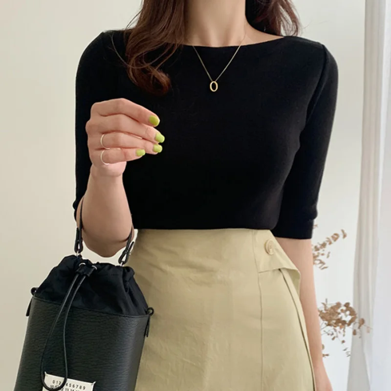 Chic Spring Simple Elegance round Ne Overhead Design Loose Versatile  Color ort Sve Knitted T-irt Korean Sle