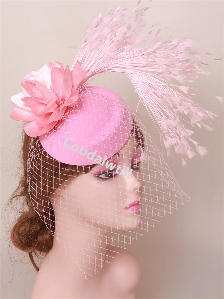 Red Veils Fascinator Hat Headband Ladies Women Mesh Flower Headpiece For Church Wedding Headwear Women Wedding Pillbox Cap - view 5