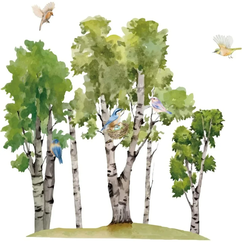 Наклейки на стены из березы, акварельные летающие птицы на гнезде, наклейки на стену, виниловые наклейки с растениями и животными, декор, водяные чернила, живопись, сделай сам, искусство