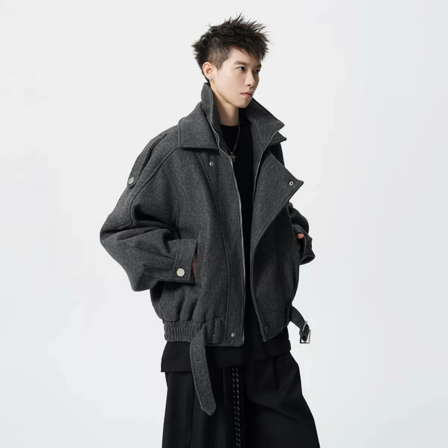 American Style Heavyweight Double Layer Short Woolen Jacket Men's Trendy Brand Deconstructed Collar Design Couple Workwear Coat