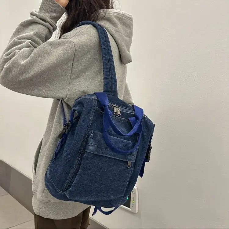 Bolso de mano de un hombro para mujer, mochila de mezclilla lavada personalizada, informal, versátil, a la moda, gran capacidad, estudiantes