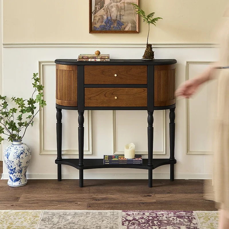 French retro all-solid wood entrance cabinet, antique style living room corridor aisle semi-circular decorative cabinet display