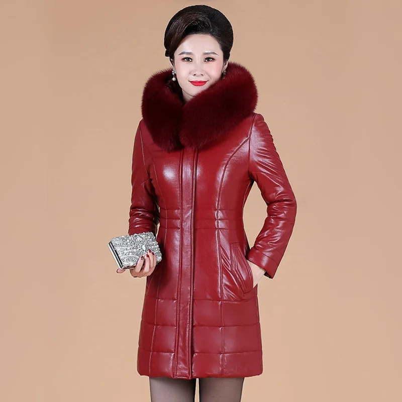 Long L-8XL Leather Women Coat Winter 2023 Mother Sheepskin Outerwear Thicken Warm Camel Overcoat Fur Collar Hooded Jacket Female