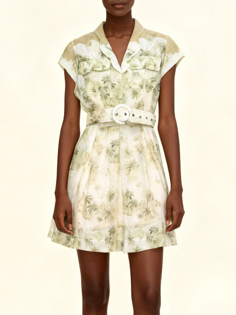 เดรสพิมพ์ลาย VGH น่ารัก สไตล์สดใส ช่วยพรางหุ่น สำหรับผู้หญิง คอวี แขนสั้น เอวสูง แต่งเข็มขัด ดีไซน์ต่อผ้า สไตล์หรูหรา สำหรับฤดูใบไม้ผลิ รุ่นใหม่