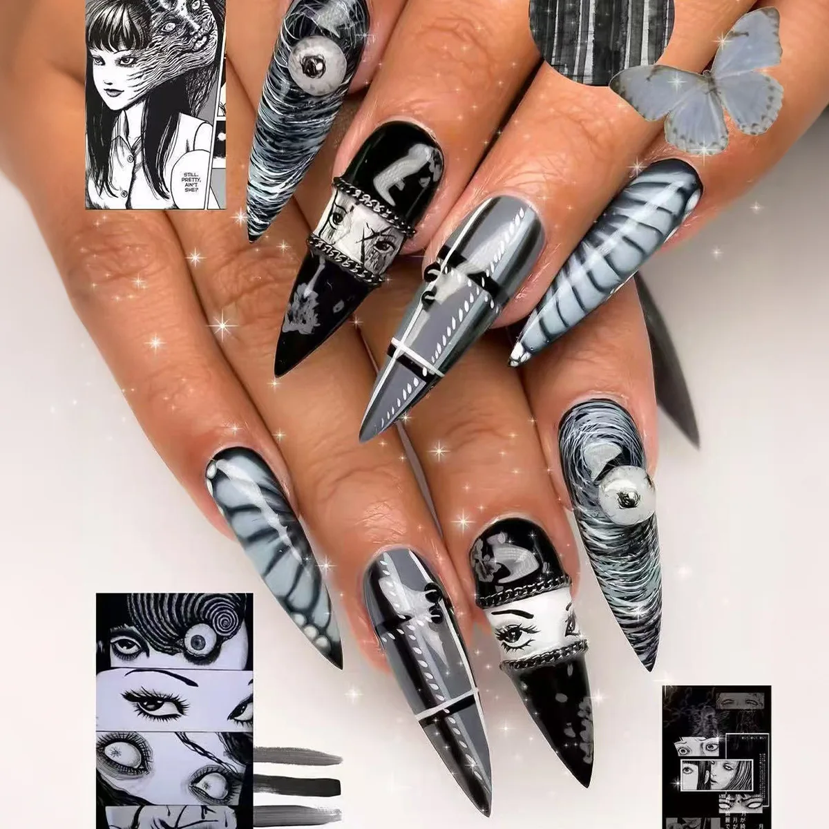 24 stuks nudekleurige kunstnagels voor Halloween, met bloedvlekken, jade, lange puntige opzetnagels, acryl, feestelijke nepnagels