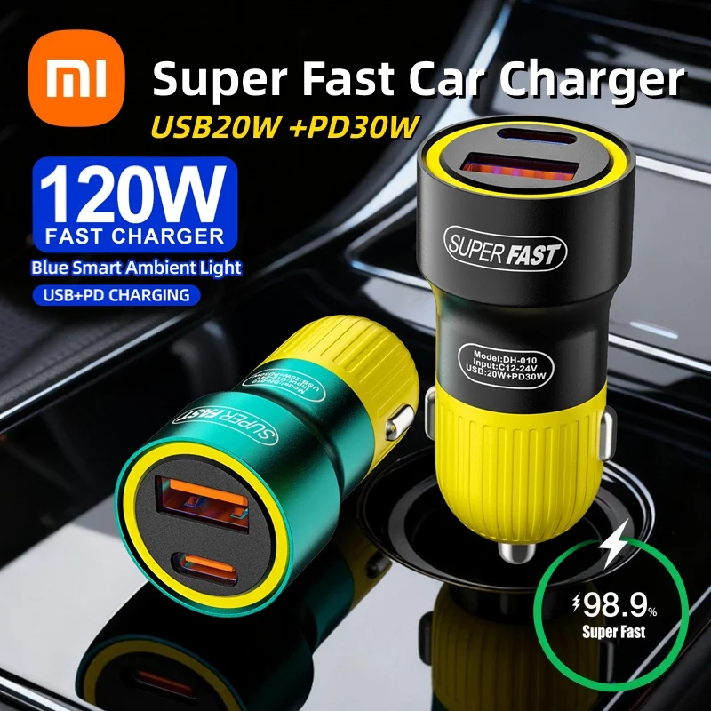 

Автомобильное зарядное устройство Xiaomi Upgrade, QC3.0 USB 20 Вт и быстрая зарядка PD30W, двухпортовый адаптер из алюминиевого сплава для iPhone 16/15/14, Samsung