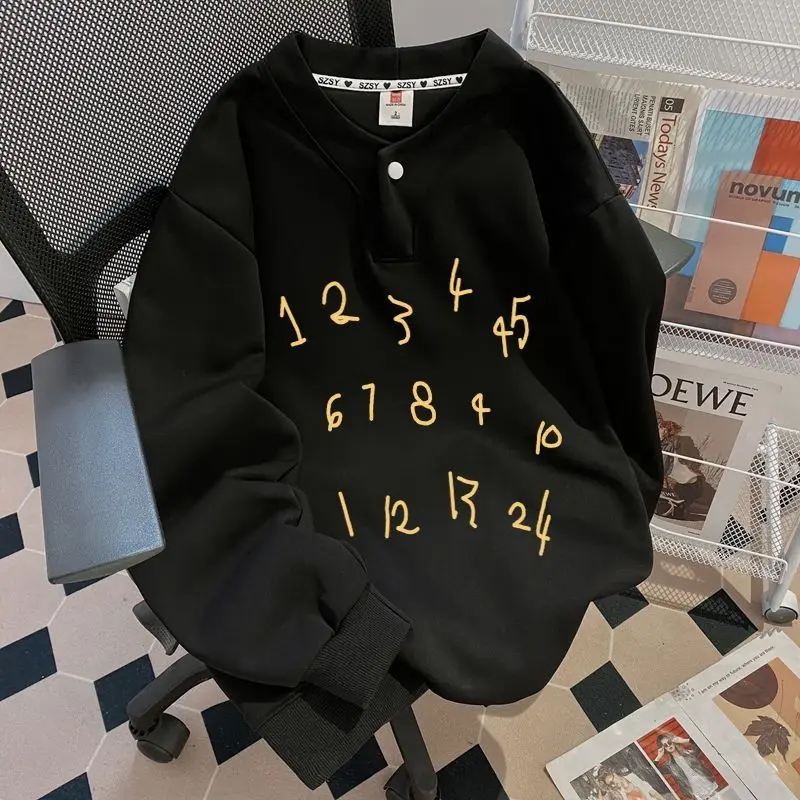 

Свободный свитшот с длинными рукавами и воротником Хенли для мужчин и женщин, удобный повседневный топ с цифровым принтом, весенне-осенний сезон