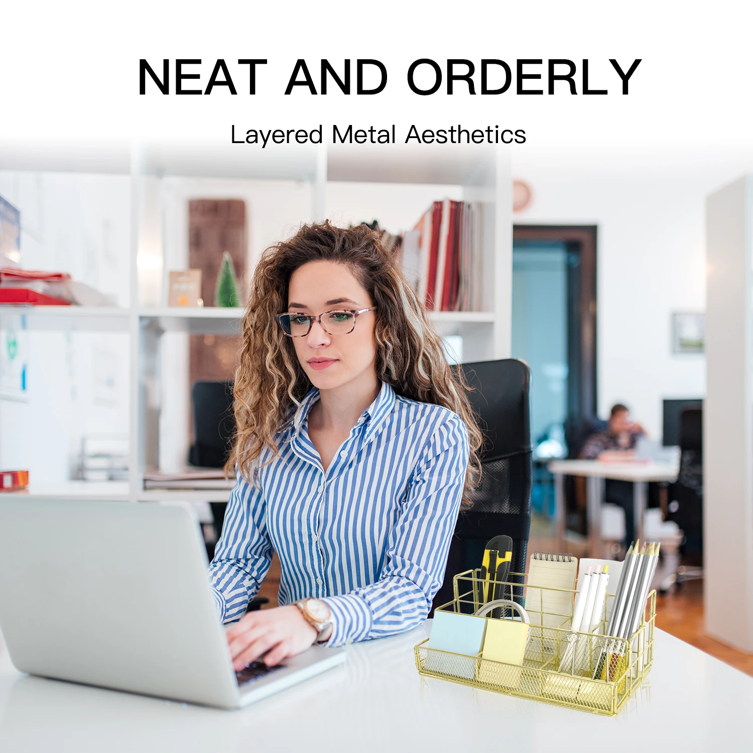 منظم مكتب معدني مع فواصل، رف تخزين قرطاسية المكتب، تصميم جيد التهوية للأقلام والمشابك واللوازم، متين وسهل الاستخدام