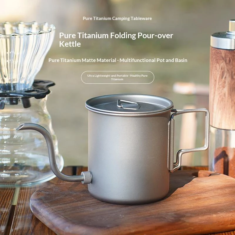 Pure Titanium Gooseneck Pour Over Coffee Kettle Foldable Handle Ultra Light For Outdoor Camping Hiking Travel