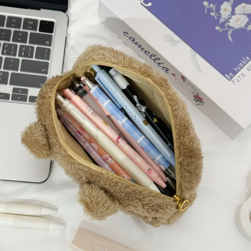 1 Piece Sweet Furry Bear Pencil Case Korean Fashion Cute Cartoon Bear Pencil Pouch Kawaii Large Capacity Stationery Storage Bag