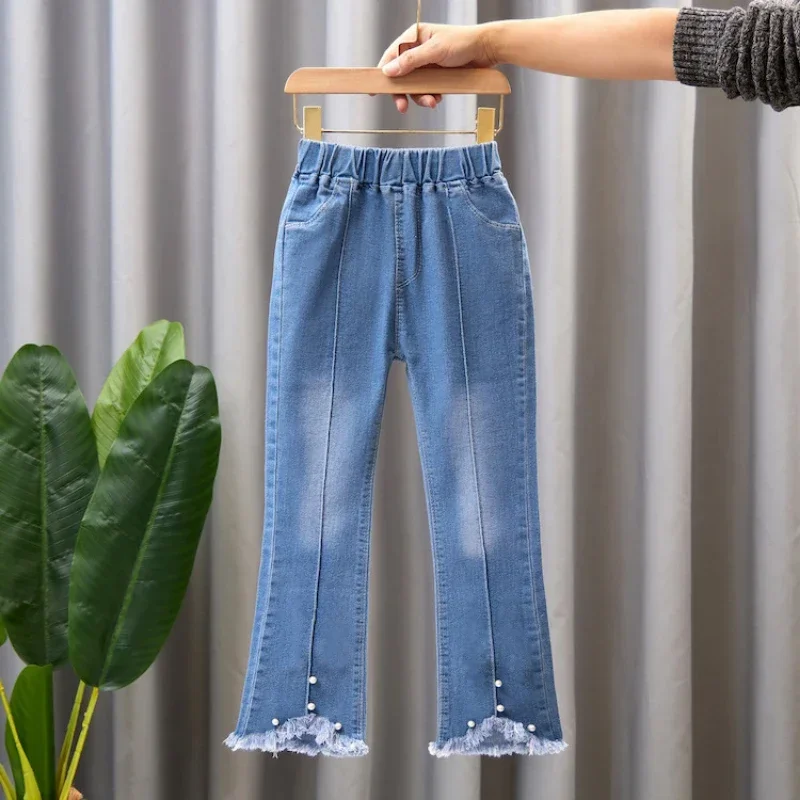 Nuovi pantaloni in denim per ragazze Primavera Autunno Moda per ragazze Jeans stampati Pantaloni a zampa d\'elefante Pantaloni elastici casual per