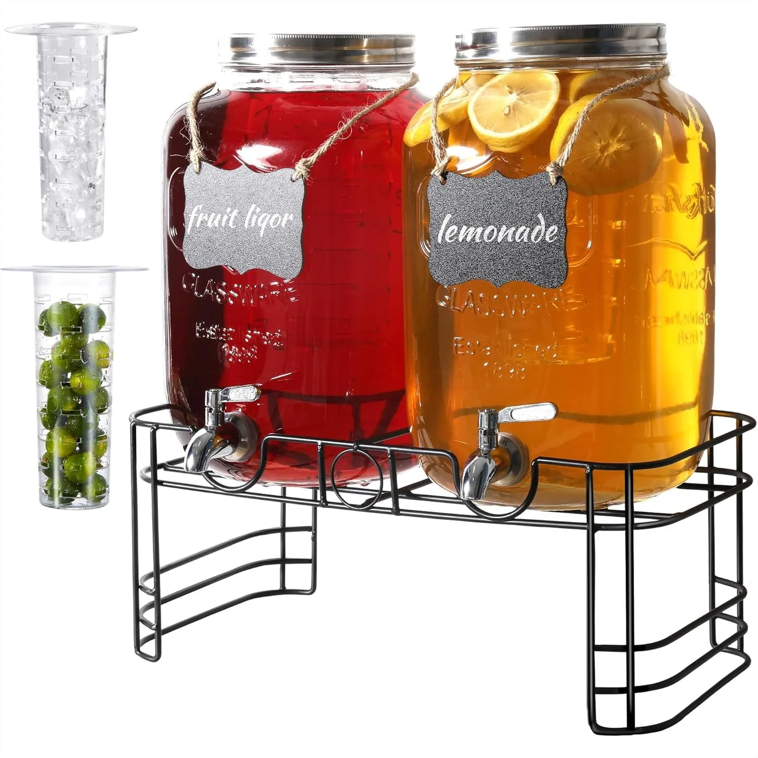 

2 Gallon Glass Drink Dispensers for Parties, 2 Pack with Stainless Steel Spigot & Stand, Beverage Dispenser for Lemonade, Iced