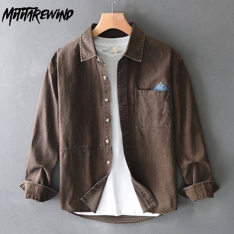 Japanese Vintage Coffee Shirt Men Spring Fall Casual New Long Sleeve Man Shirts Pocket Workwear Loose Tops Pure Cotton Clothing