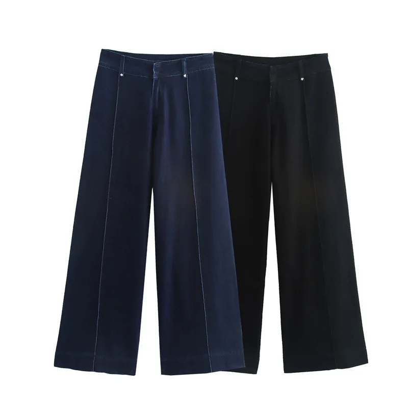 Neue Jeans für Damen, kontrastierender Denim-Stoff, mittlere Taille, gerader Schlauch und Knöchel