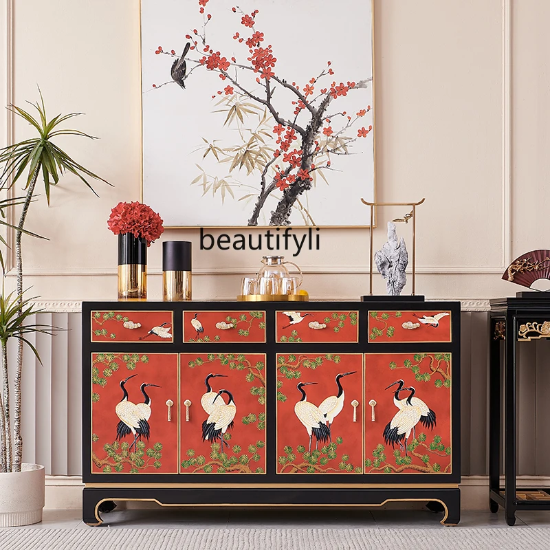 

Solid Wood Painted Crane Living Room Entrance Hallway Curio Cabinet Large Capacity Storage Organizer Sideboard Cabinet