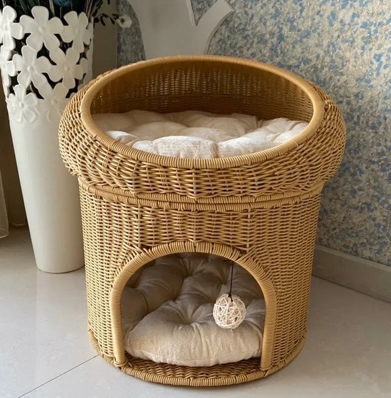 Handmade PP Rattan Double Pet Bed Closed General Knitting Cat Bed Woven Rattan Removable And Washed Pet Nest With Soft Cushion