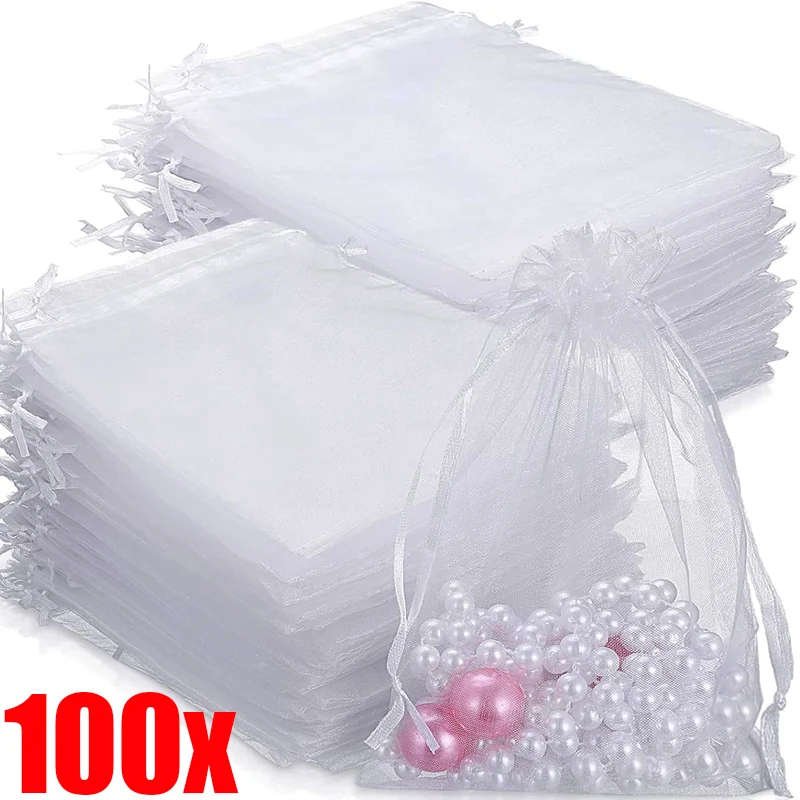 100Pcs Transparent Gift Bags Candy Favors Storage Bags Jewelry Packing Sealing Pouch Reusable Drawstring Organza Storage Bags