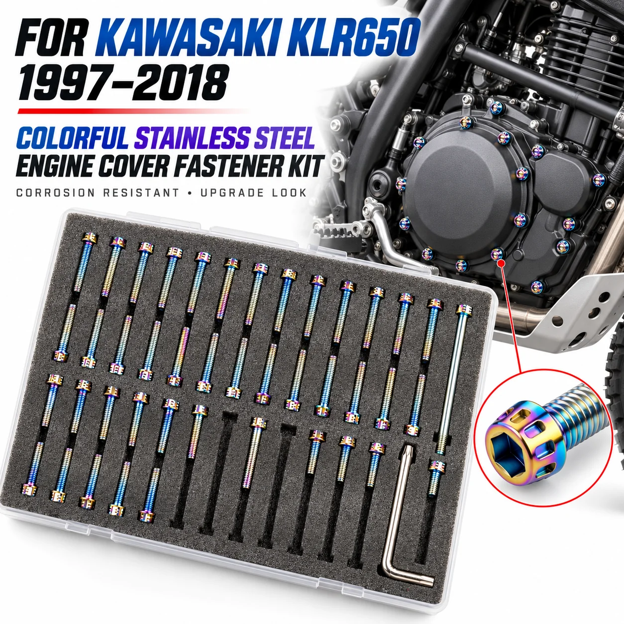 Engine Case Screws Set Colorful Stainless Steel Bolts For Kawasaki KLR650 1997-2018 Motorcycle Engine Cover Fastener Upgrade Kit