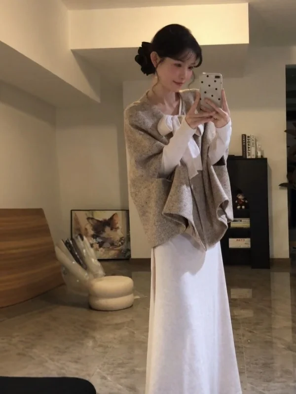 

Ретро-костюм-двойка Ele Cloak Dr: комплект из двух предметов в холодных тонах, весенняя мода, женский, премиум-качество, длинный рукав, высокая талия