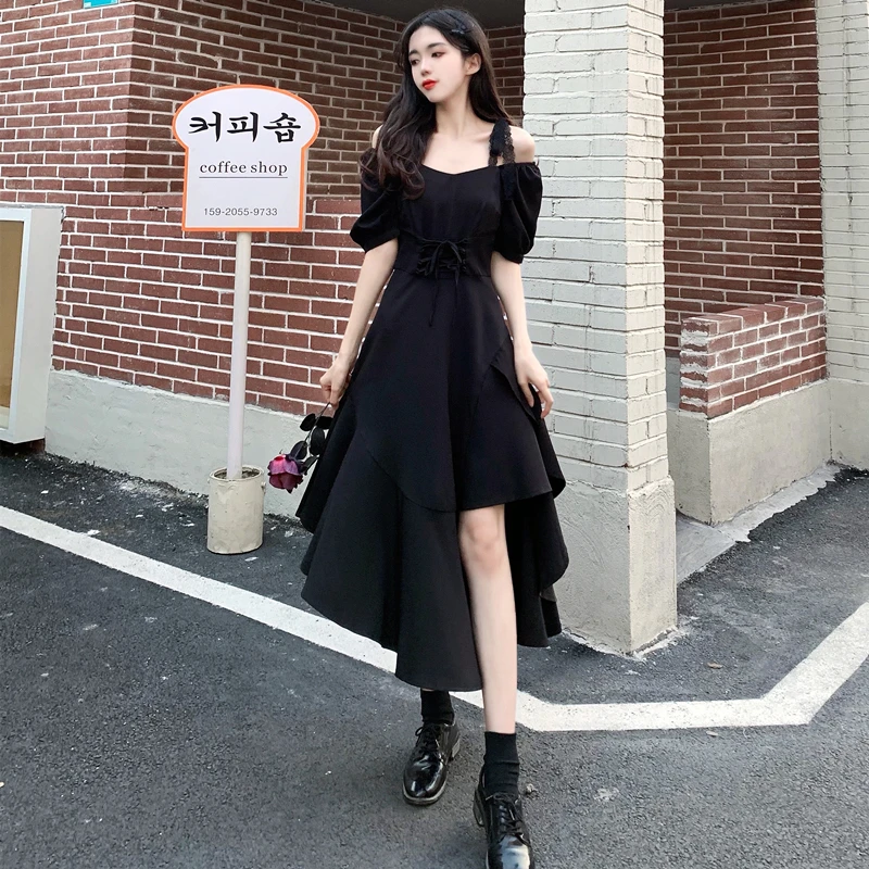 

Summer new black lace camisole dress with Hepburn style irregular long dress