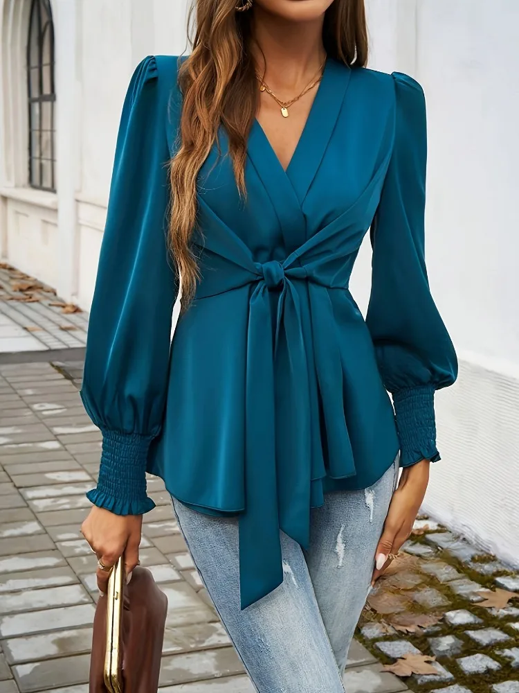 2025 PRIMAVERA/otoño Retro cuello en V profundo camisa con tirantes cruzados elegante plisado Oficina señora blusa azul Casual con cordones Top de manga larga