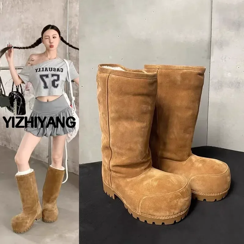 Fashion Winter Cotton Boots Brand Cold-proof Warm Plus Velvet Thick Bottom Cotton Shoes Daily Versatile Fat Head High Snow Boots