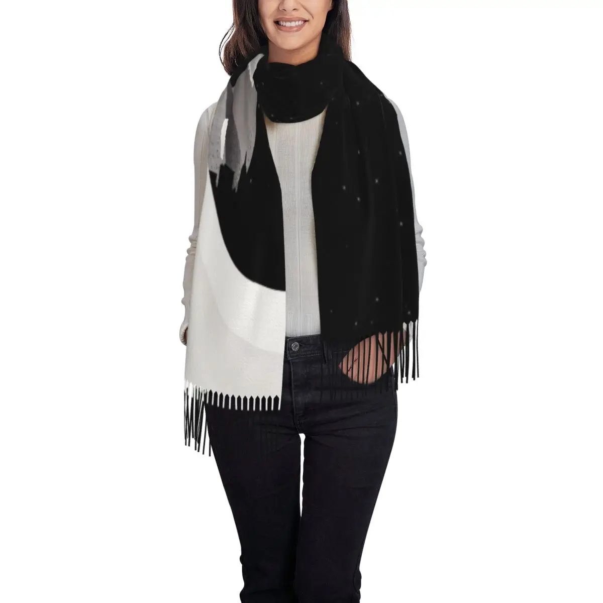 مخصص الإناث طويلة القمر فارس الفيلم الأوشحة النساء الشتاء لينة الدافئة شرابة شال التفاف وشاح