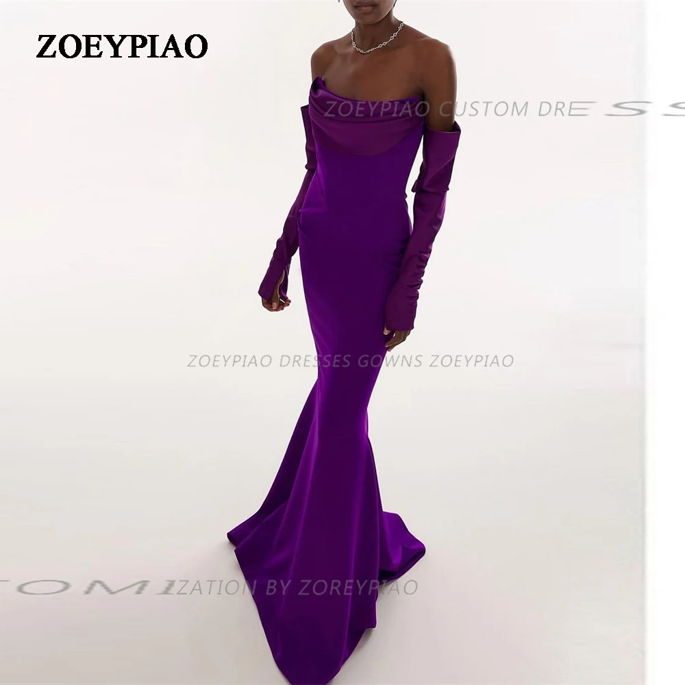 Vintage Long Off Shoulder Purple Prom Dresses Mermaid Matte Satin Evening Dresses robe de soirée de mariage فساتين السهرة