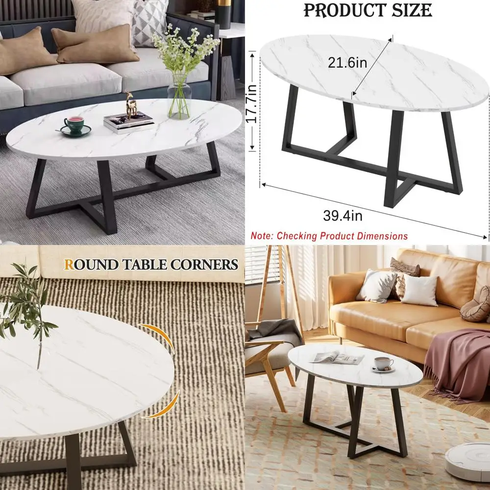 

Oval White Faux Marble Coffee Table for Modern Living Room, Compact Wooden Centerpiece for Small Spaces