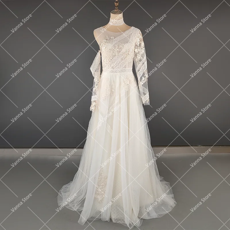 

Odd Size Clearance Sales Ivory Illusion One Shoulder Wedding Dress Bust-Waist-Hips 35.5-29.5-39 Inches