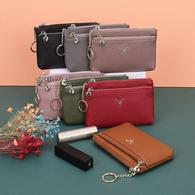 

2025 Hot Sale Genuine Leather Deer Head Women Zipper Coin Purse with Keychain Fashion Ladies Wallet Mini Bag Female Small Purses