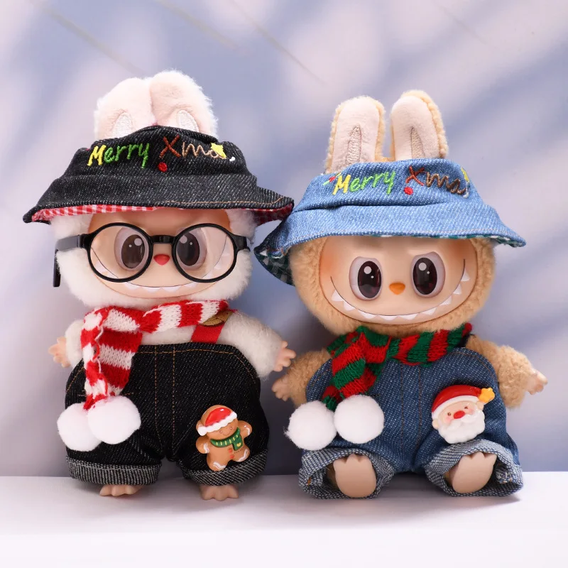 

Christmas Holiday Outfits For 1st-3rd Gen 15/17cm Labubu Denim Suspender Pants With Santa Claus Prints Set Matching Scarf Hat