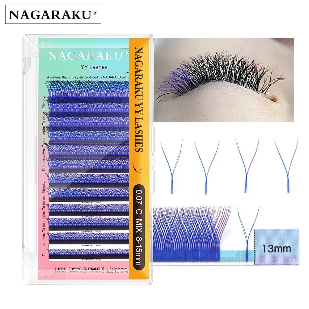 NAGARAKU Mesh Color YY Shape Lashes 0.07 Volume Y Eyelashes Blue Purple Mix Waved 4D Premade Eyelash Extensions Makeup