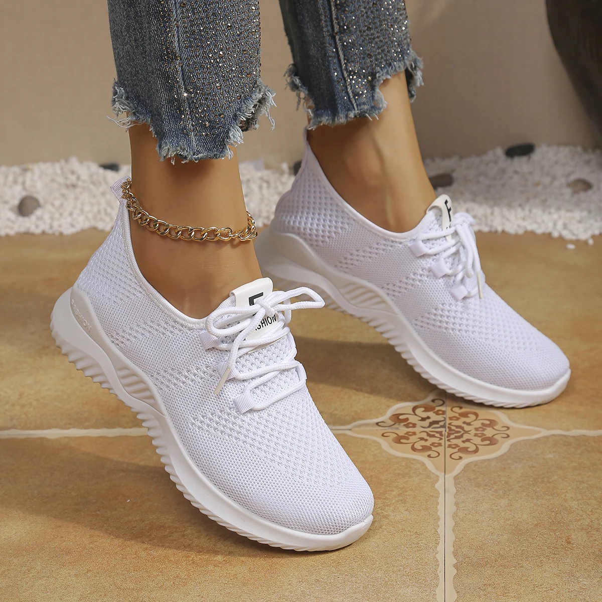 Women Knit Mesh Sneakers Breathable Light Soft Sole Lace Up Casual Walking Athletic Running Shoes Daily Footwear For Outdoor