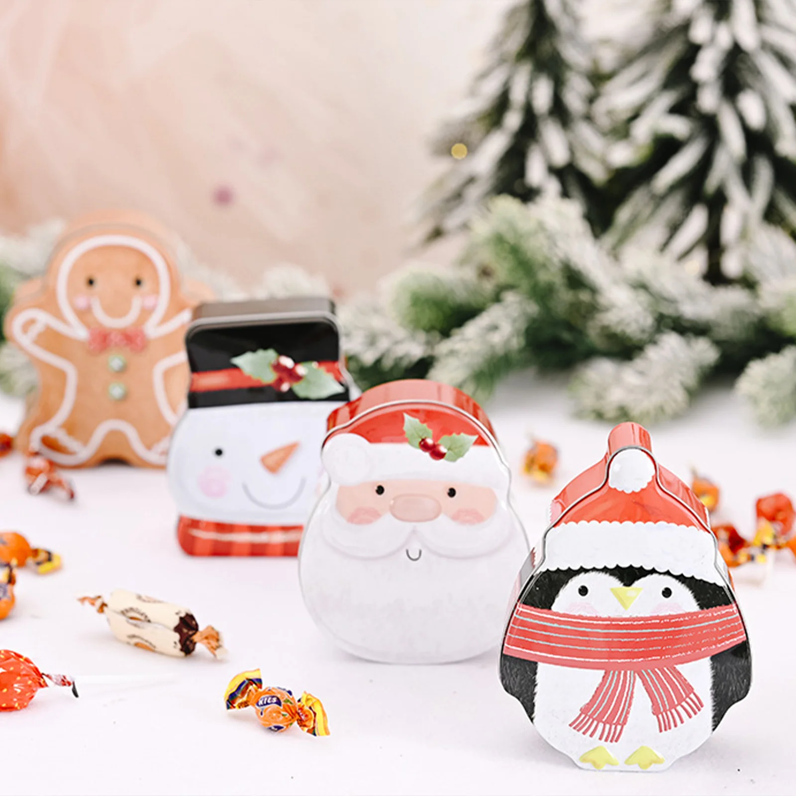 

4pcs Gift Box Tinplate Christmas Candy Storage Container Small Biscuits Tins Party Decoration Cartoon Treat Case Festive Gift