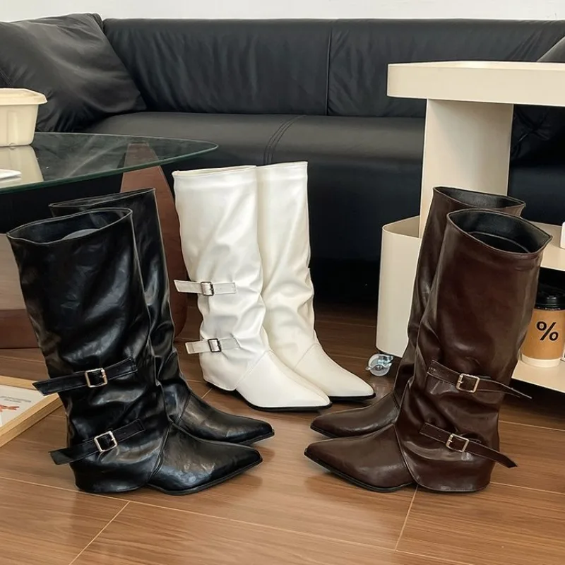 2026 Woman Boots Knee High Platform Chunky Heels Trend Punk Gothic New Rock Leather Fashion Women's Shoes Motorcycle Footwear