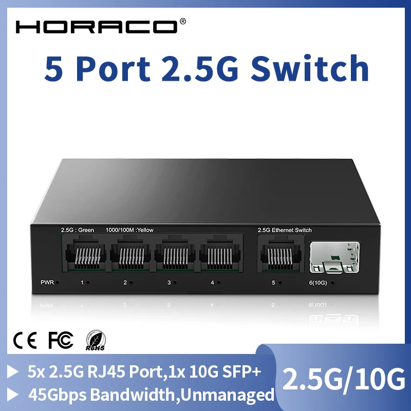 Mokerlink Horaco 2.5g Switch 5 Port 2500mbps Network Switch with 10G Sfp+