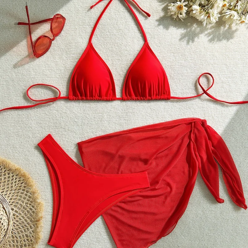 

New women's swimsuit, sexy halter neck tie bikini, three-piece fashion swimwear, sporty style for women