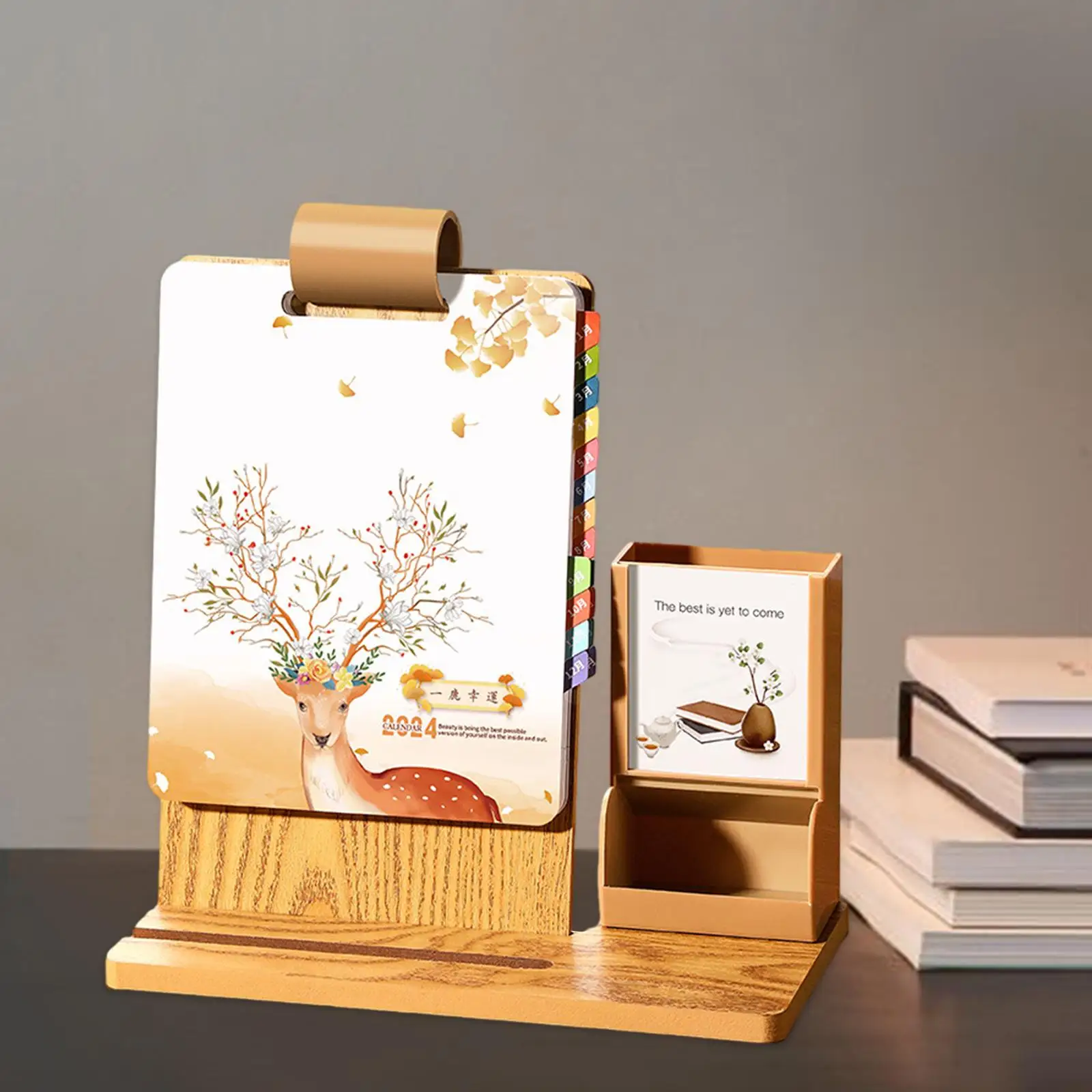 Маленький настольный календарь 2024 с держателем для ручек, держатель для телефона, флип-календарь из дерева, настольный календарь из толстой бумаги, памятные страницы, стоячий флип