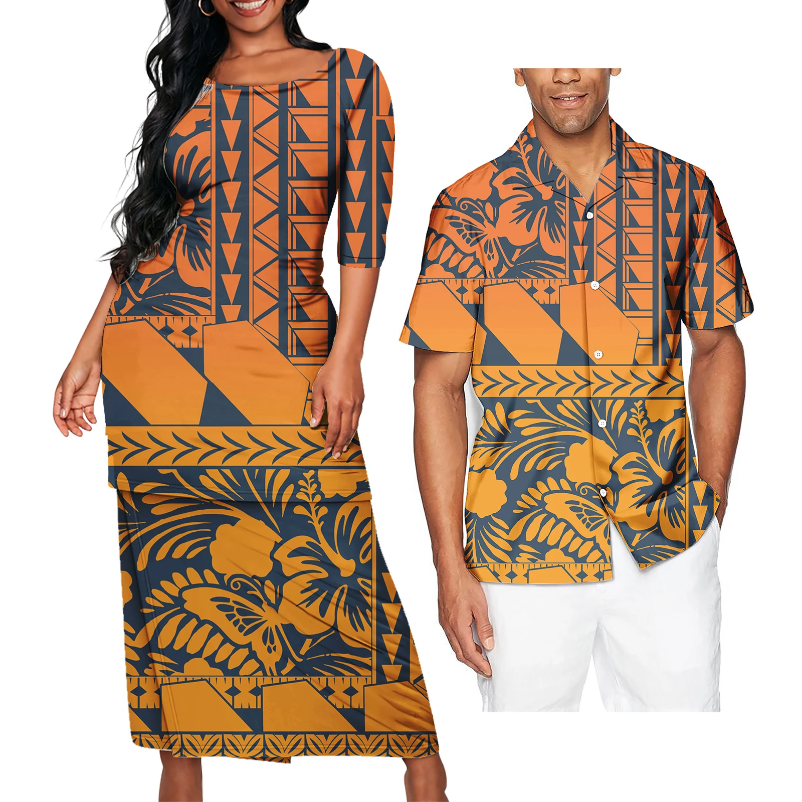 Floral Print Evening Party Puletasi Dresses And Aloha Shirts Couple Of Set Polynesian Hawaiian Tribal Matching Couple Outfits