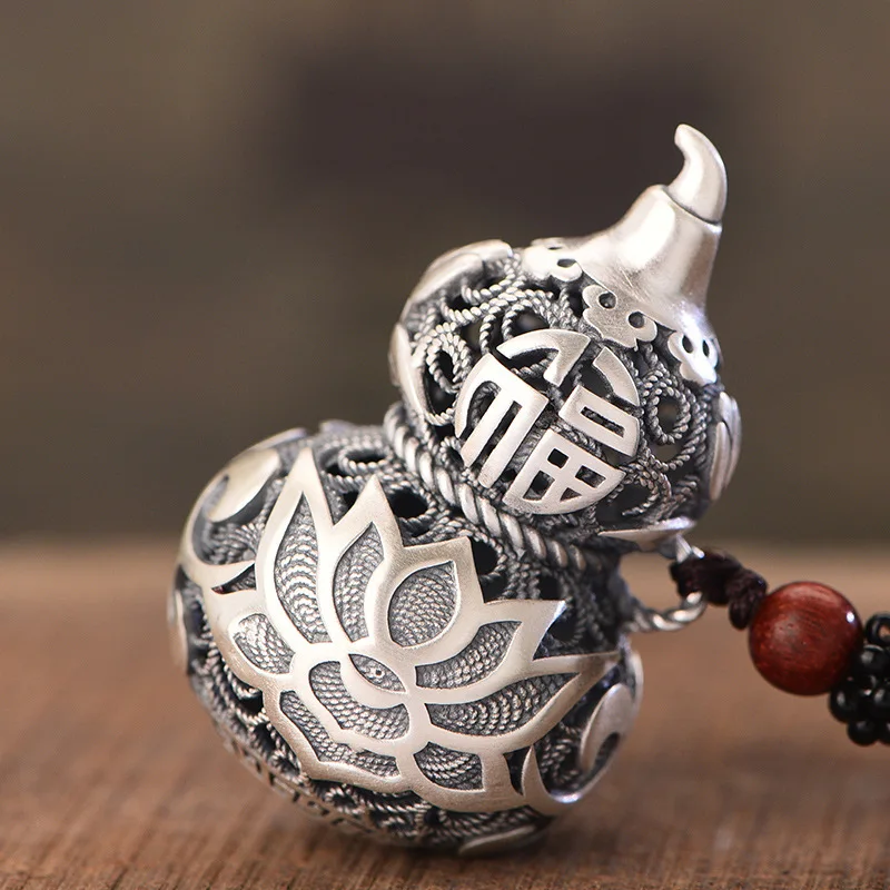 925 Silver Exquisitely Carved Hollow Out Lotus Flower Pendant Fashion Vintage Chinese Style Gourd Necklace for Women Jewelry - Image 4