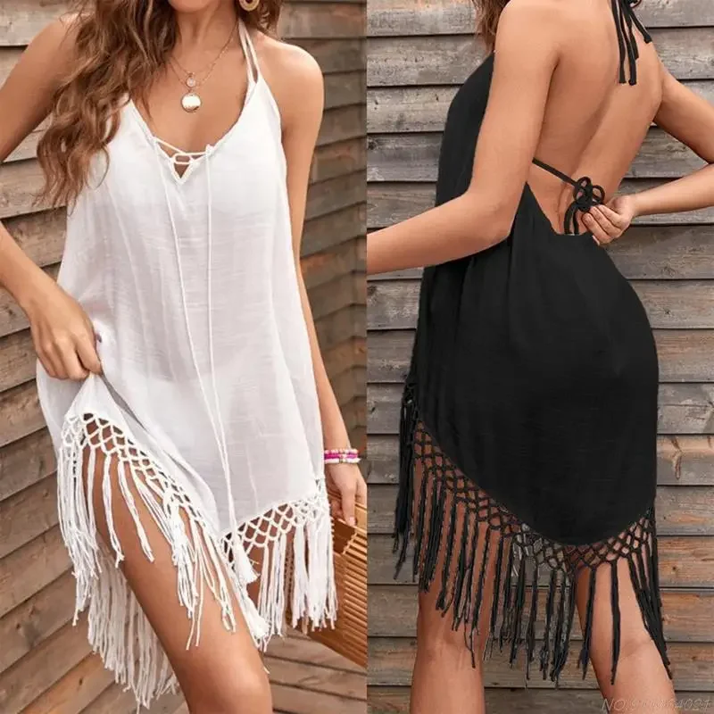 

Women Sexy V-neck Lace Up Halter Beach Dress Summer Bathing Suit Beachwear Backless Cover Up with Tassels Solid Color Dropship