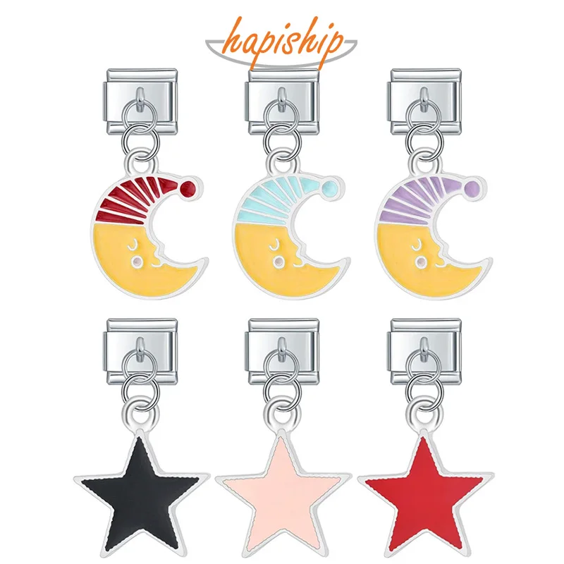 Hapiship Popular Fashion Colour Glaze Moon Star Charm Italian Links Fit 9mm Stainless Steel Bracelet Jewelry DIY Making DJ470