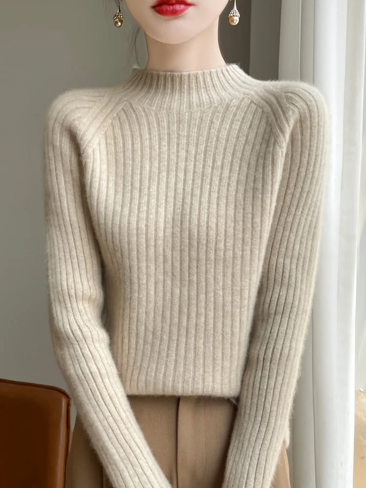 

Classic 100% Merino Wool Women Sweater Autumn Winter Striped Knitwear Mock Neck Casual Pullover Long Sleeve Cashmere Clothes Top