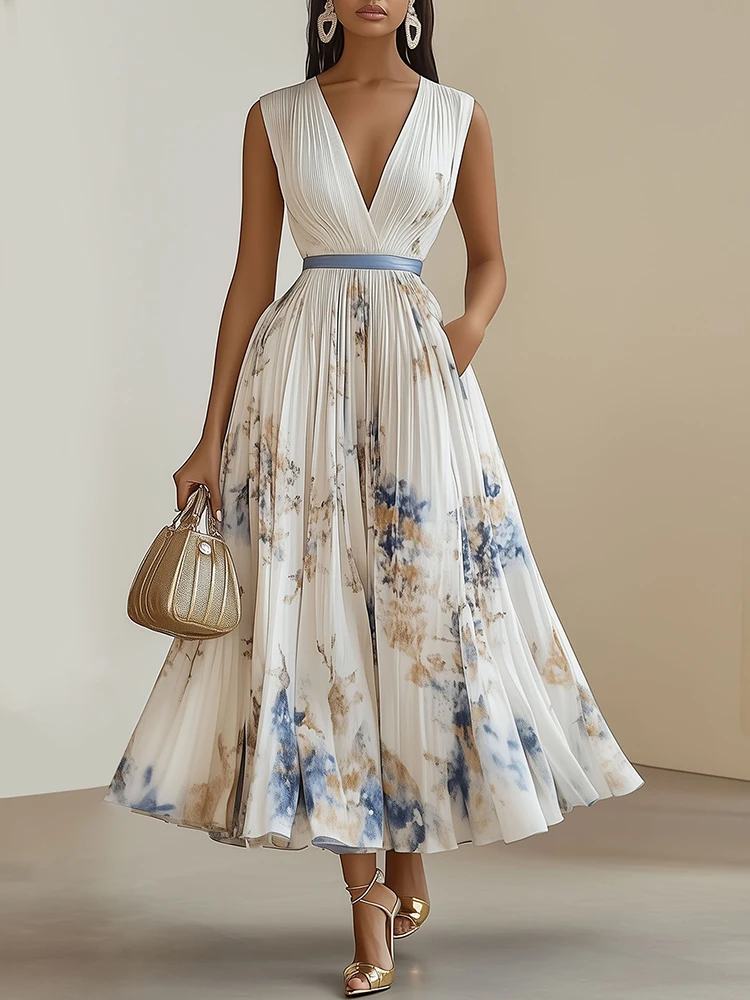 Women Vintage V-Neck Retro Printing Slim A-Line Dress Sleeveless Party Dress Summer Elegant Fashion Ladies Dresses Vestidos 2026