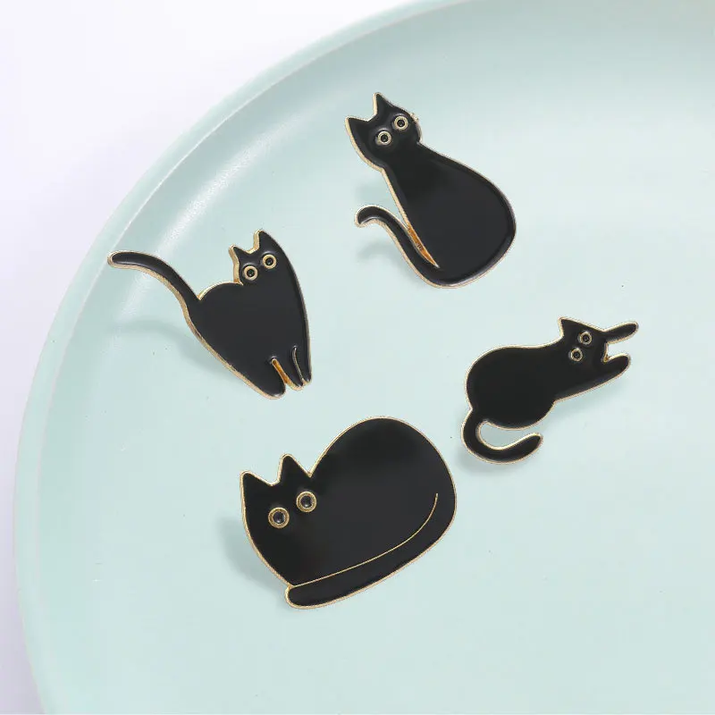 Cartoon Black Cat Enamel Brooches Lapel Pins Coffee Red Wine Books Computer Heart Bottle Rainbow Noodles Cat Badge Jewelry Gift