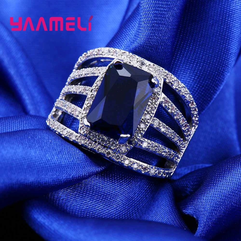 Top Selling Charming Shiny Blue Lucky Crystal Stone Ring Banquet Woman Jewelry 925 Sterling Silver For Wedding Prom